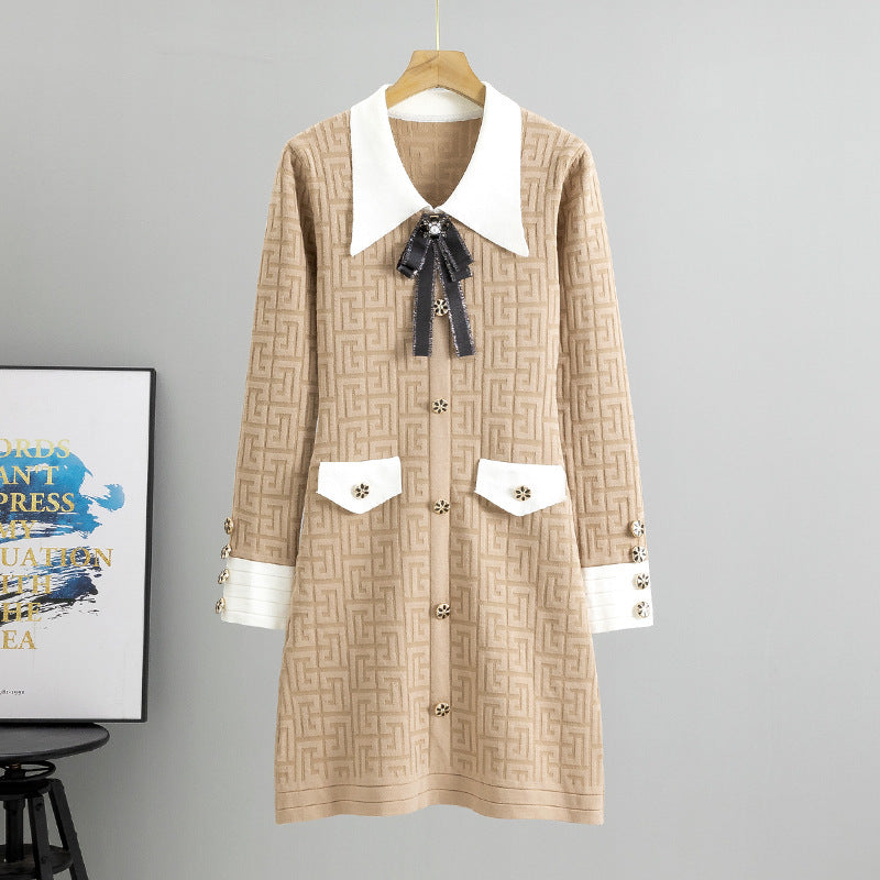 Ladies Bow Lapel Long Sleeve Knitted Dress