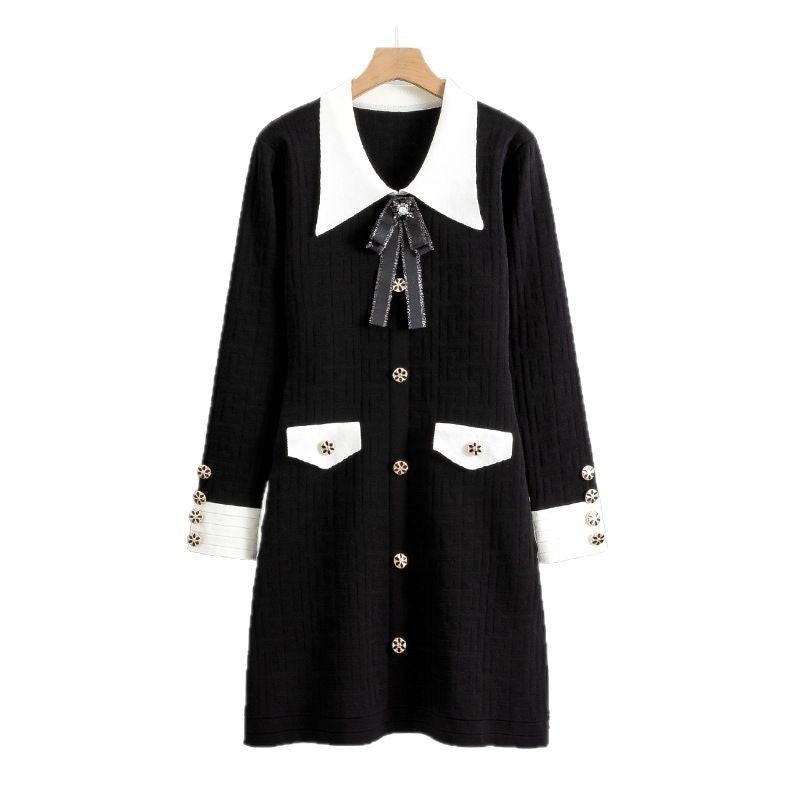 Ladies Bow Lapel Long Sleeve Knitted Dress