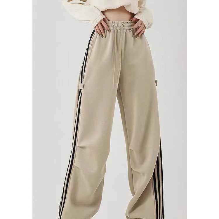 Cotton Composite American Striped Wide-leg Workwear Sweatpants