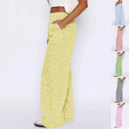 Striped Trousers With Pockets Ins Fashion Casual Wide Leg Straight Pants For Women Clothing