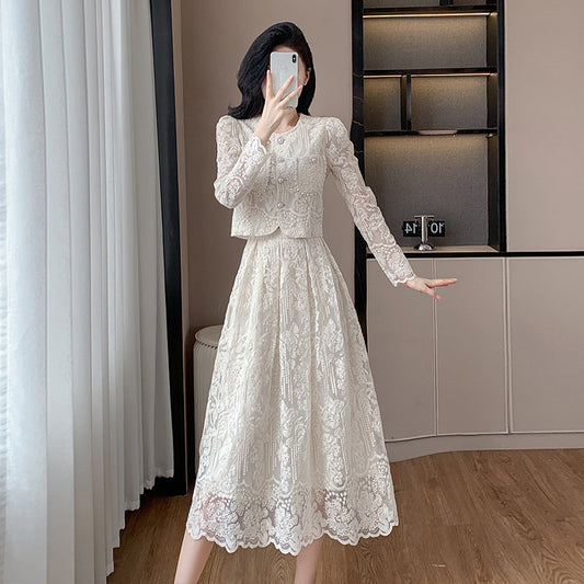 Fashionable Embroidered Suit Skirt Socialite Light Luxury Water Soluble Lace Skirt Two-piece Set