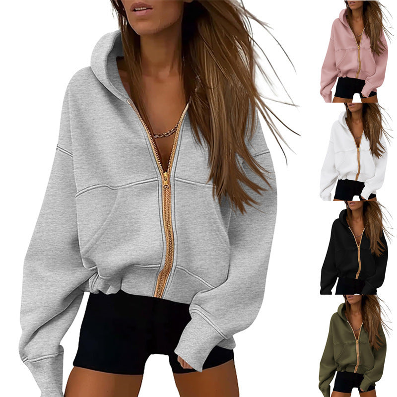 Zipper Hooded Sweatshirt Sports Long Sleeve Loose Pockets Fashion Jacket For Women