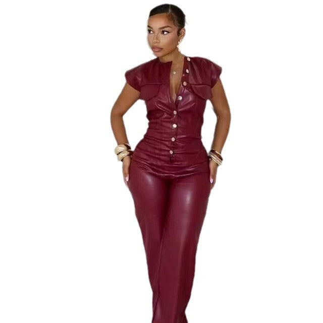 New Women's Trousers Sleeveless Leather Jumpsuit