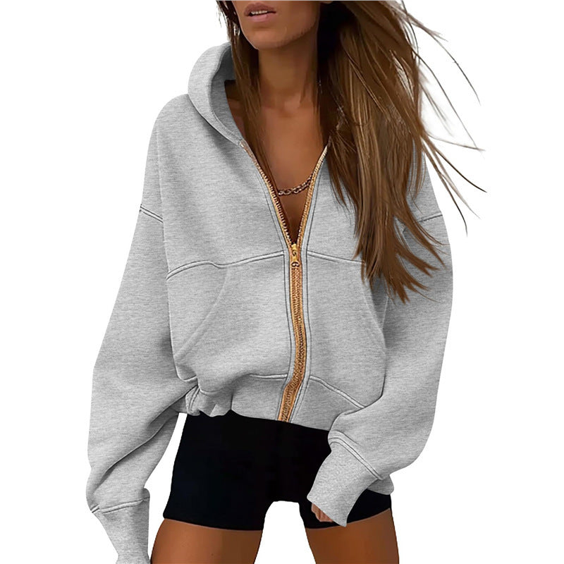 Zipper Hooded Sweatshirt Sports Long Sleeve Loose Pockets Fashion Jacket For Women