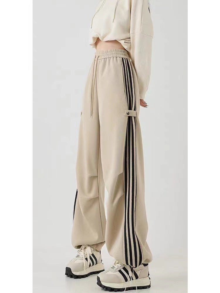 Cotton Composite American Striped Wide-leg Workwear Sweatpants