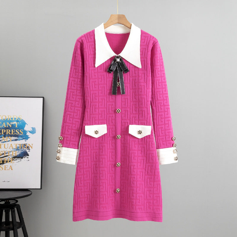 Ladies Bow Lapel Long Sleeve Knitted Dress