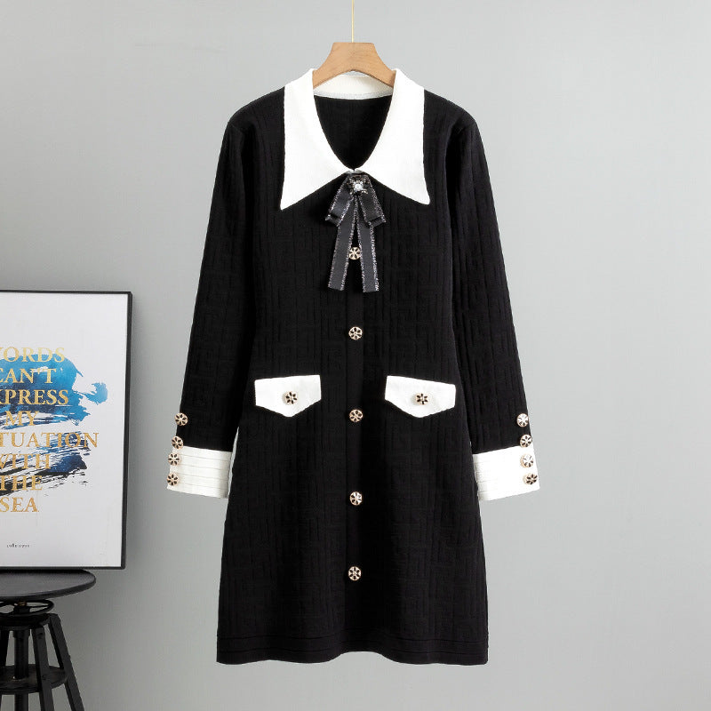 Ladies Bow Lapel Long Sleeve Knitted Dress