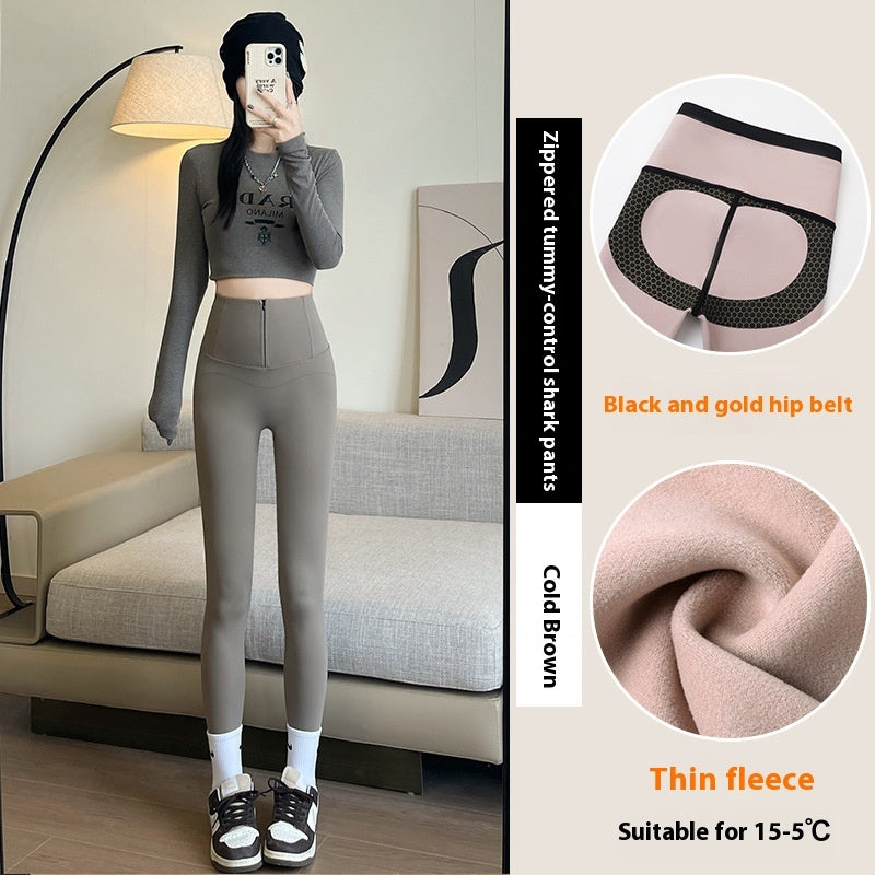 Belly-controlling Butt Lifting Leggings With Three-breasted Design Winter High Waist Slim Zippere Pants Warm Velvet And Thickened Trousers Women Clothing