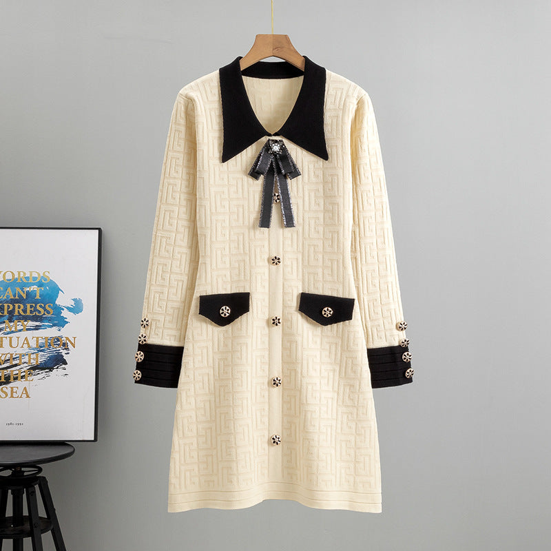 Ladies Bow Lapel Long Sleeve Knitted Dress